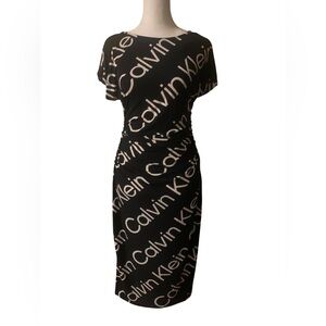 NWOT Calvin Klein Black and White Logo Midi Dress, With Pleats at the Waist.Sz 6